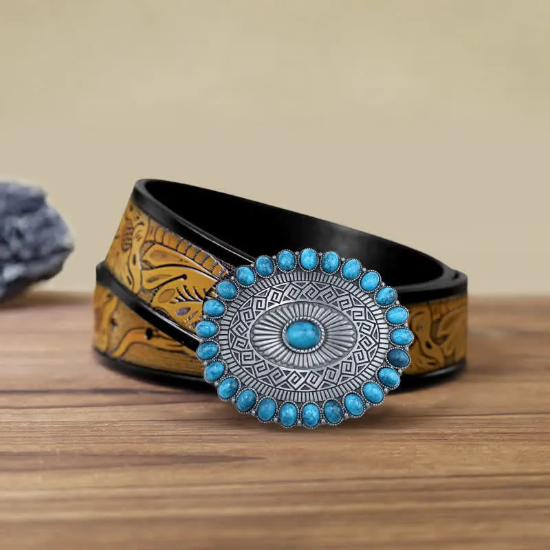 Men's DIY Oval Bohemia Turquoise Buckle Leather Belt