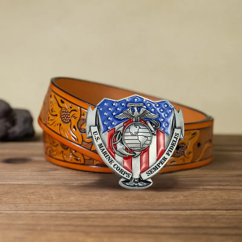 Men's DIY USA Marine Flag Buckle Leather Belt