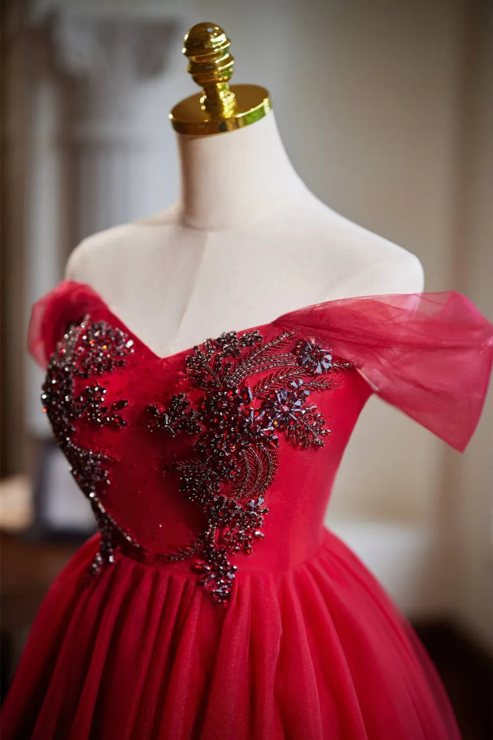 Off the Shoulder Red Beaded Short Tulle Dress