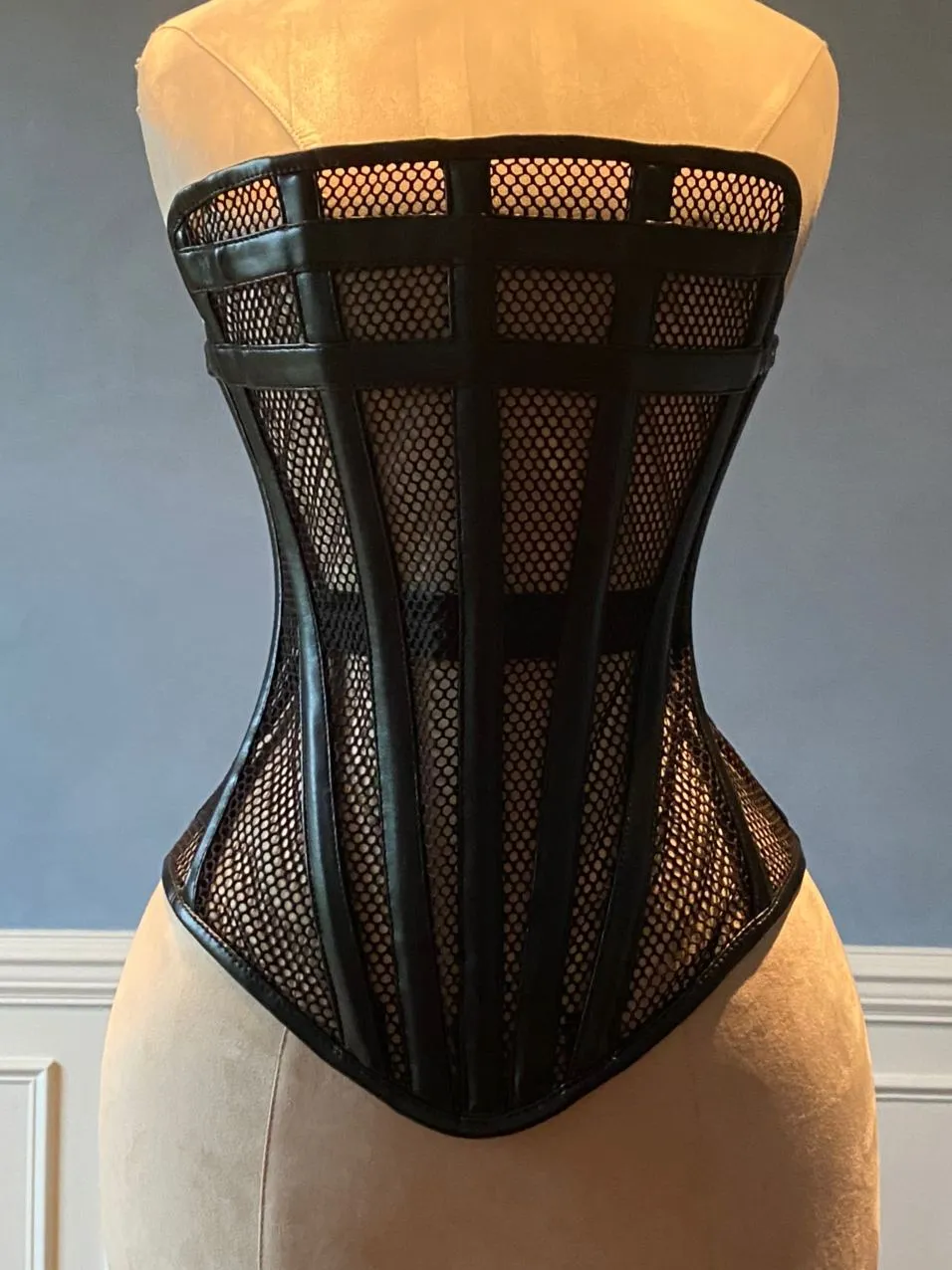 Overbust mesh authentic corset with leather bones and stripes. Gothic Victorian, luxury designer corset, plus size