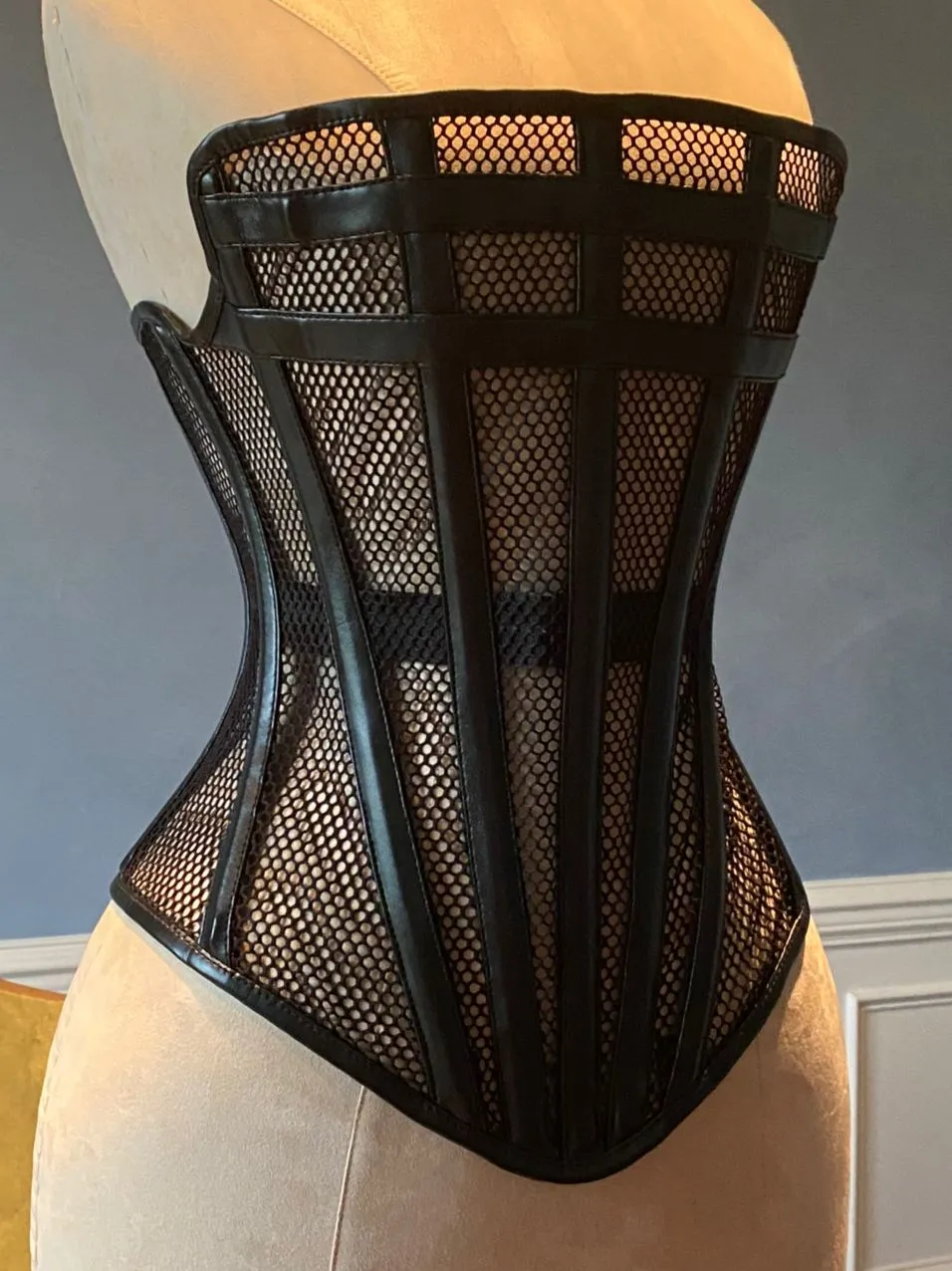 Overbust mesh authentic corset with leather bones and stripes. Gothic Victorian, luxury designer corset, plus size