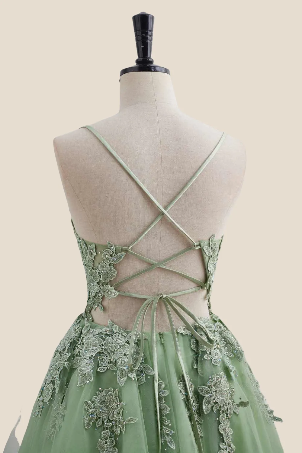 Plunge Neck Sage Green Appliques Short Dress