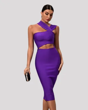 Purple Fitted Cocktail Dress with Waist Cut Out