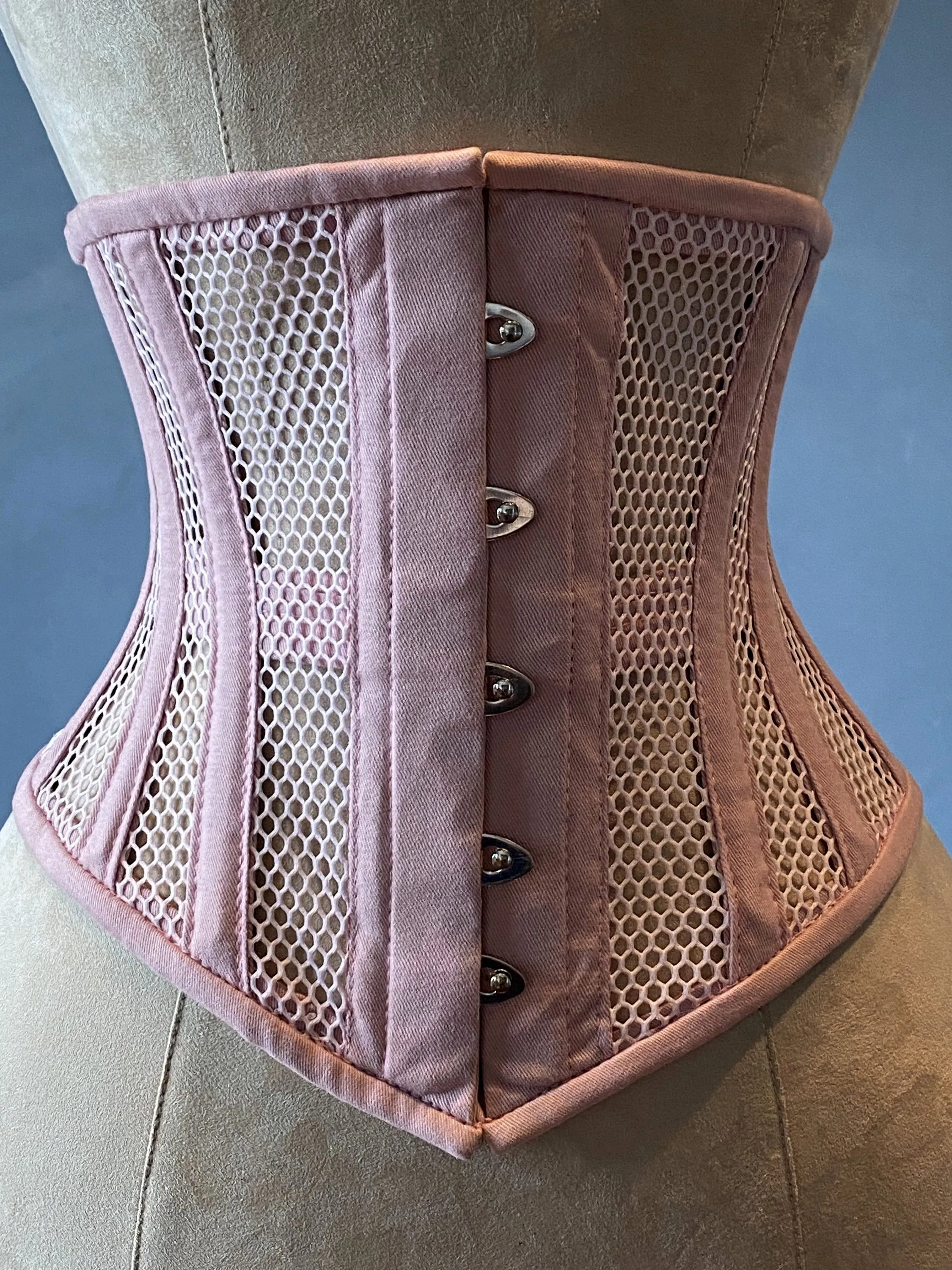 Real steel boned underbust underwear pink corset from transparent mesh and cotton. Real waist training corset for tight lacing.