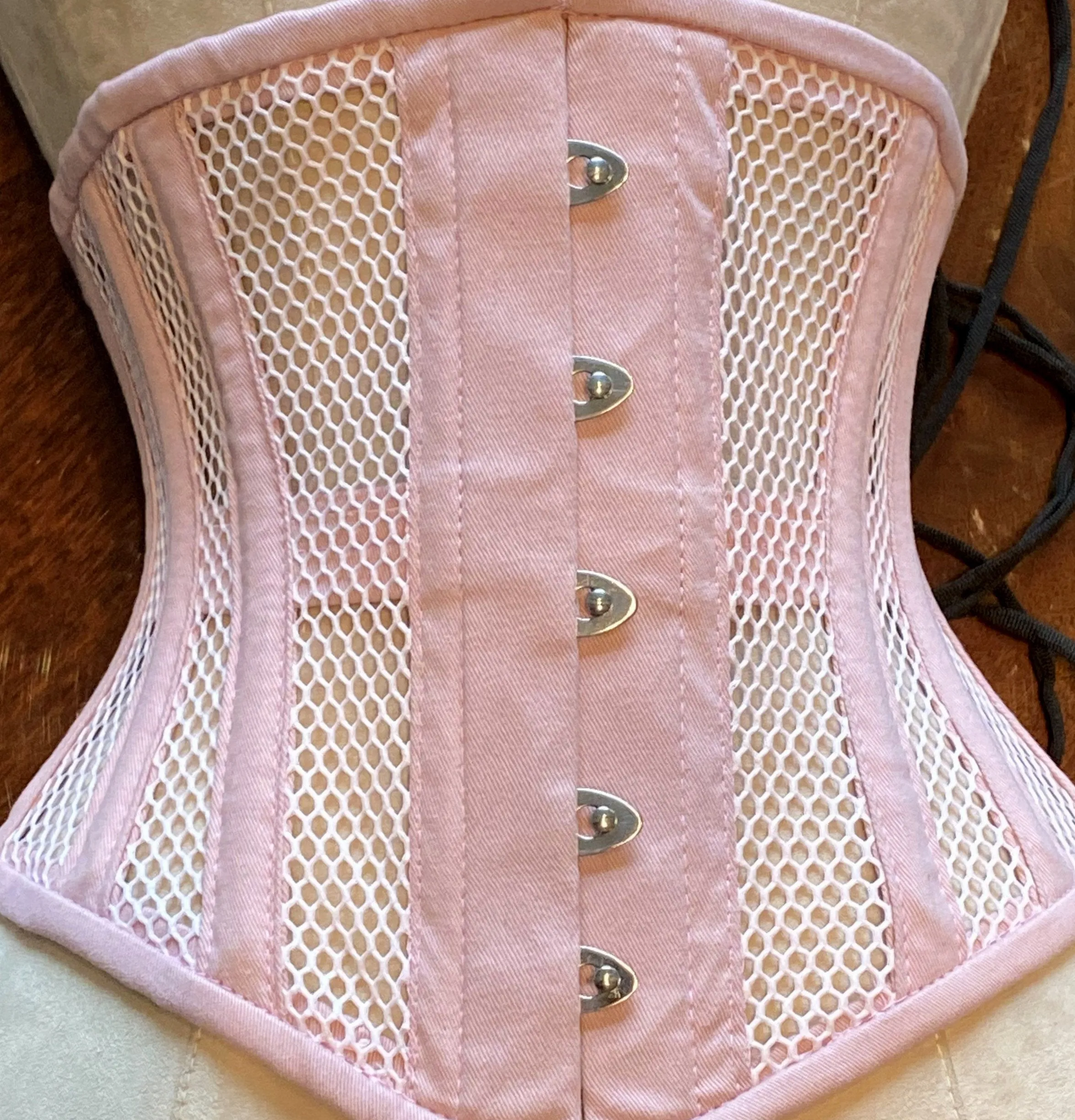 Real steel boned underbust underwear pink corset from transparent mesh and cotton. Real waist training corset for tight lacing.