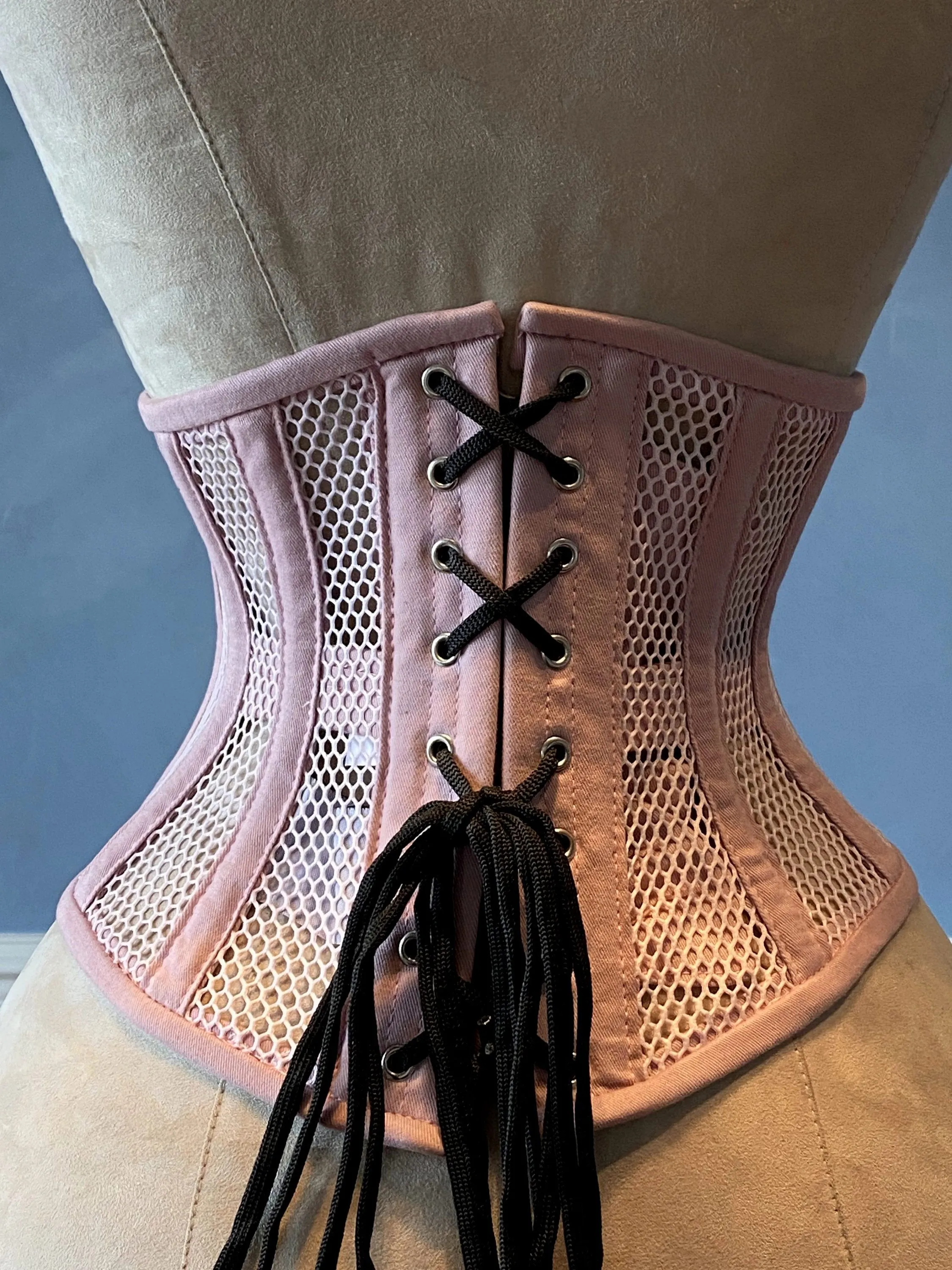 Real steel boned underbust underwear pink corset from transparent mesh and cotton. Real waist training corset for tight lacing.