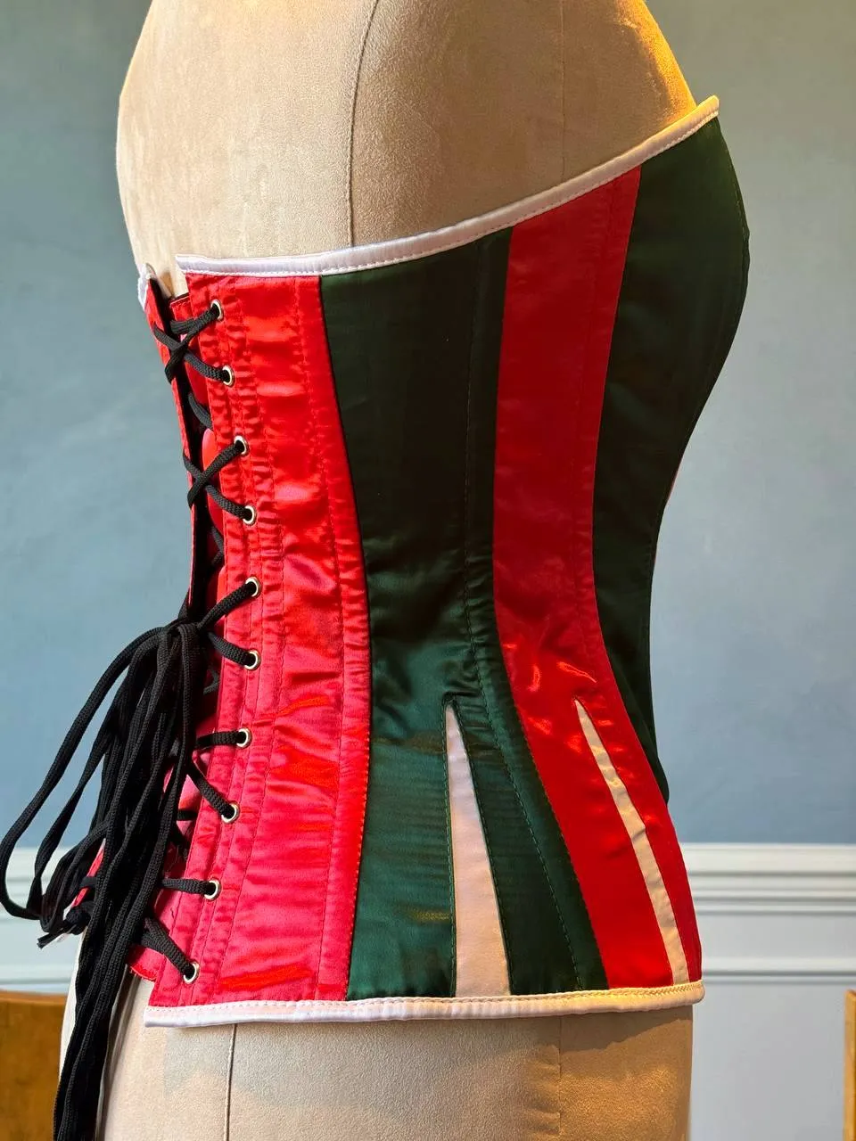 Red and green satin with white Santa Christmas satin corset. Corset is made personally according to your measurements.