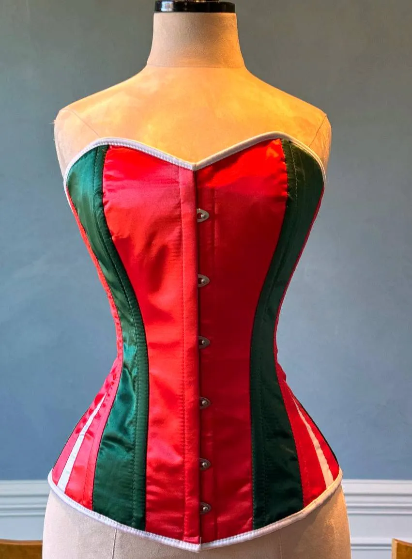 Red and green satin with white Santa Christmas satin corset. Corset is made personally according to your measurements.