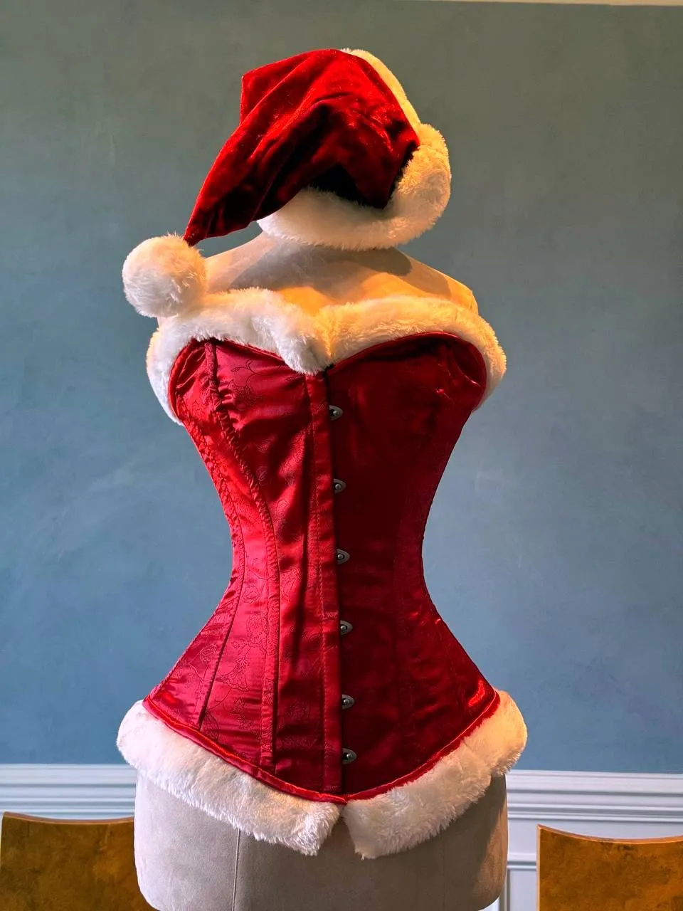 Red brocade with white fur affordable Santa Christmas corset. Corset is made personally according to your measurements.