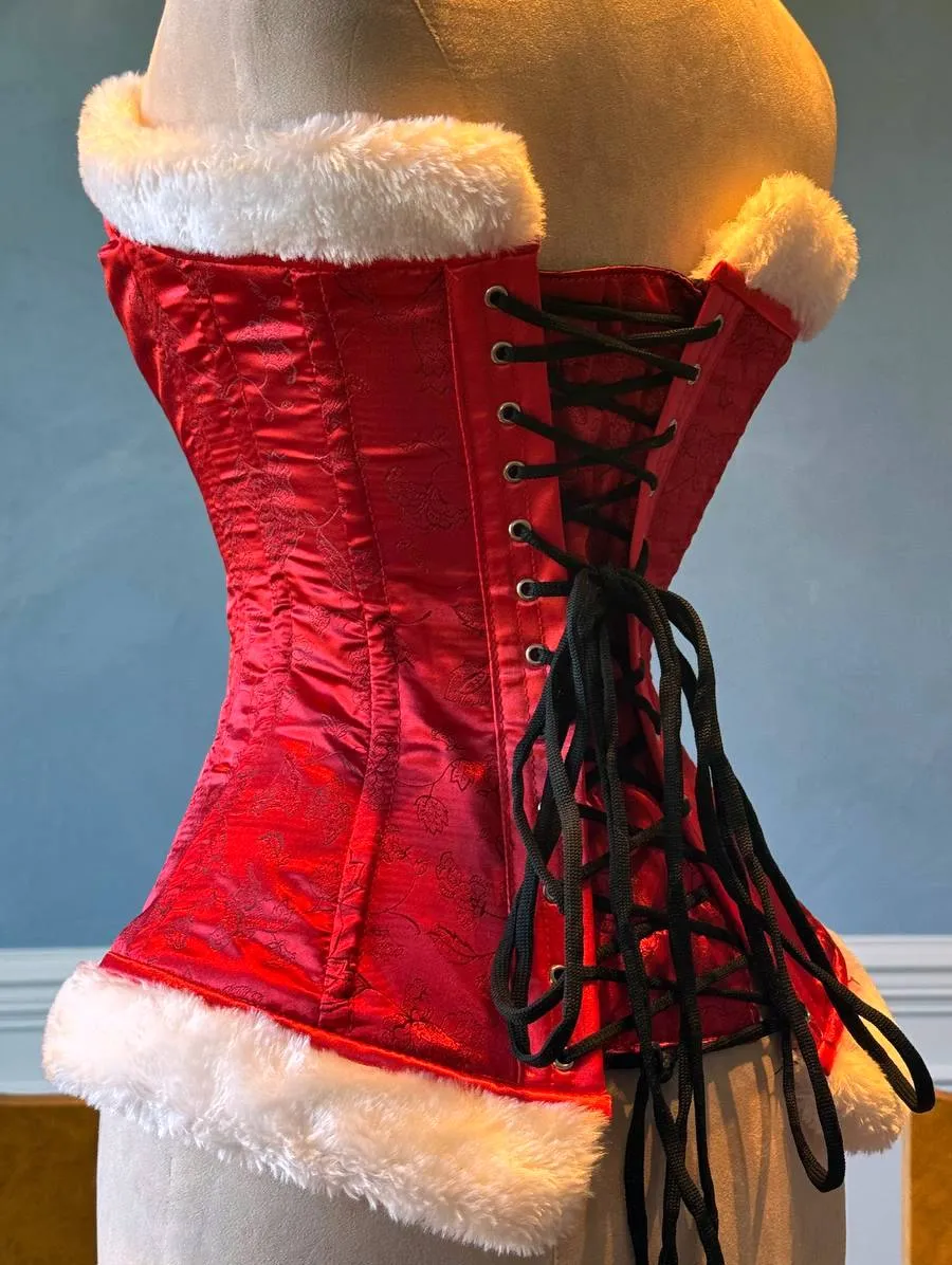 Red brocade with white fur affordable Santa Christmas corset. Corset is made personally according to your measurements.