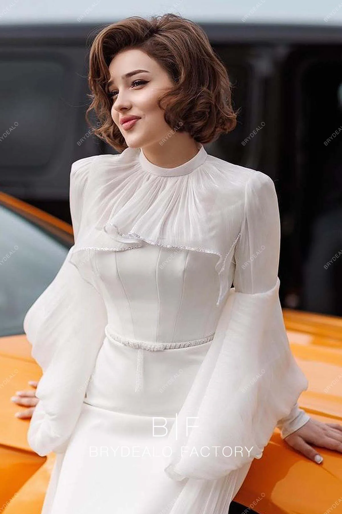 Retro Chiffon Mock Neck Sleeved Crepe Long Bridal Dress