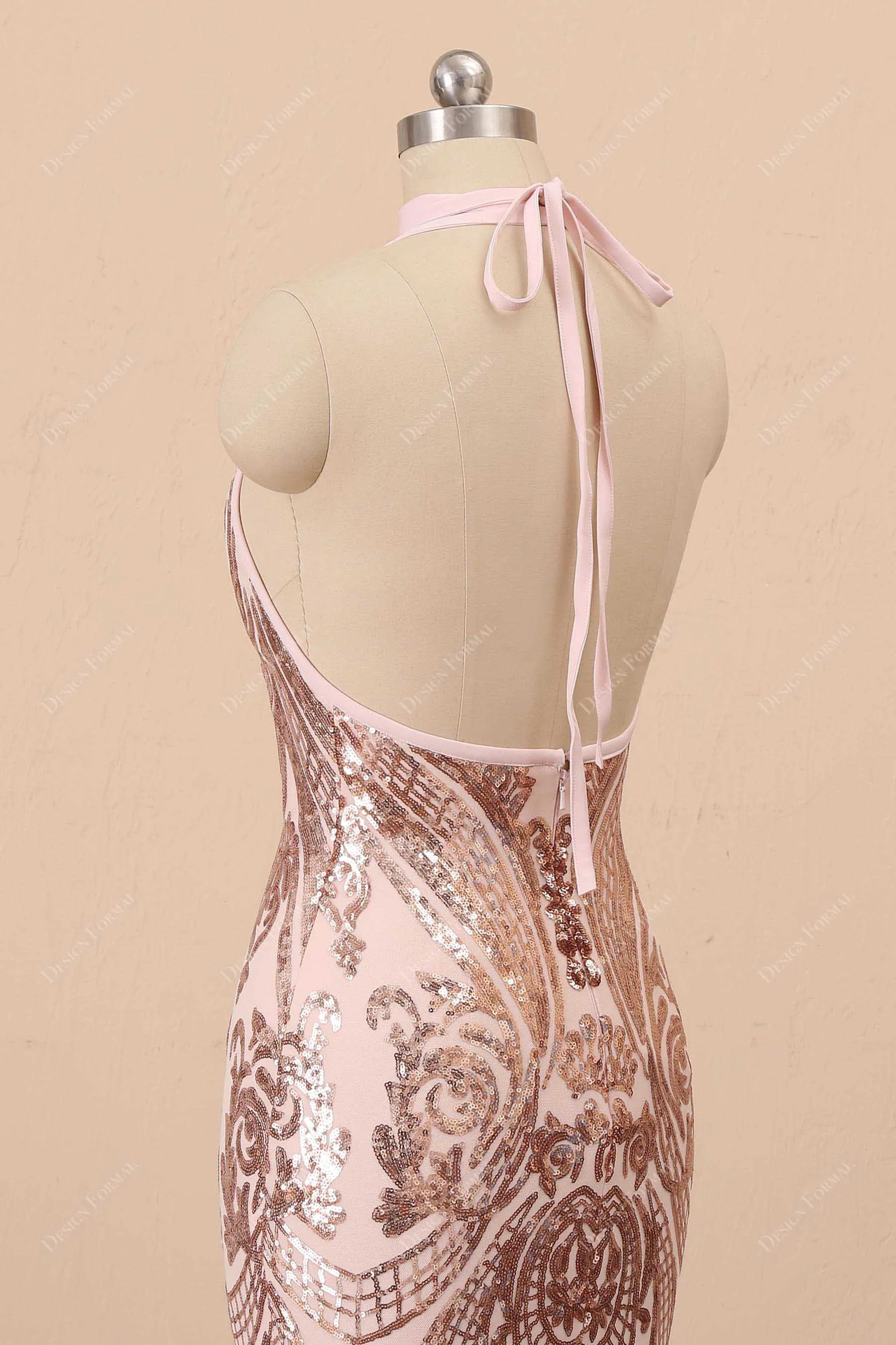 Rose Gold Sequin Halter Mermaid Unique Prom Dress