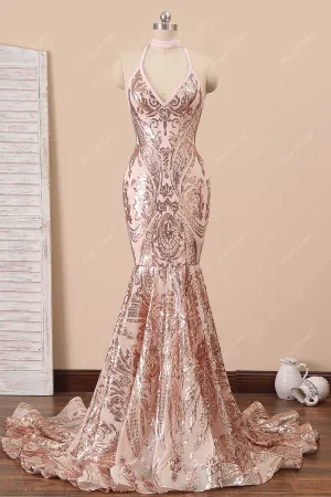 Rose Gold Sequin Halter Mermaid Unique Prom Dress