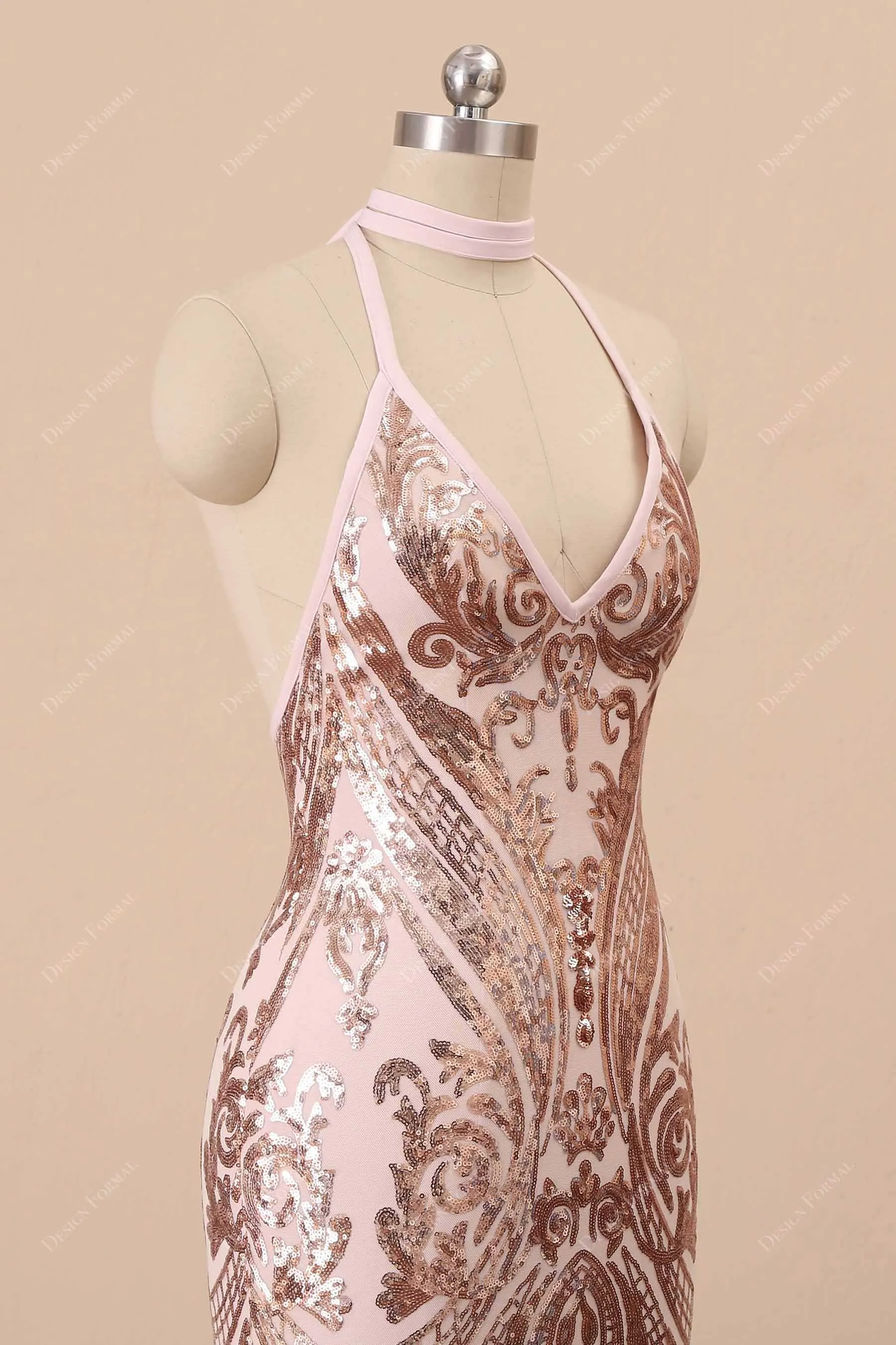 Rose Gold Sequin Halter Mermaid Unique Prom Dress