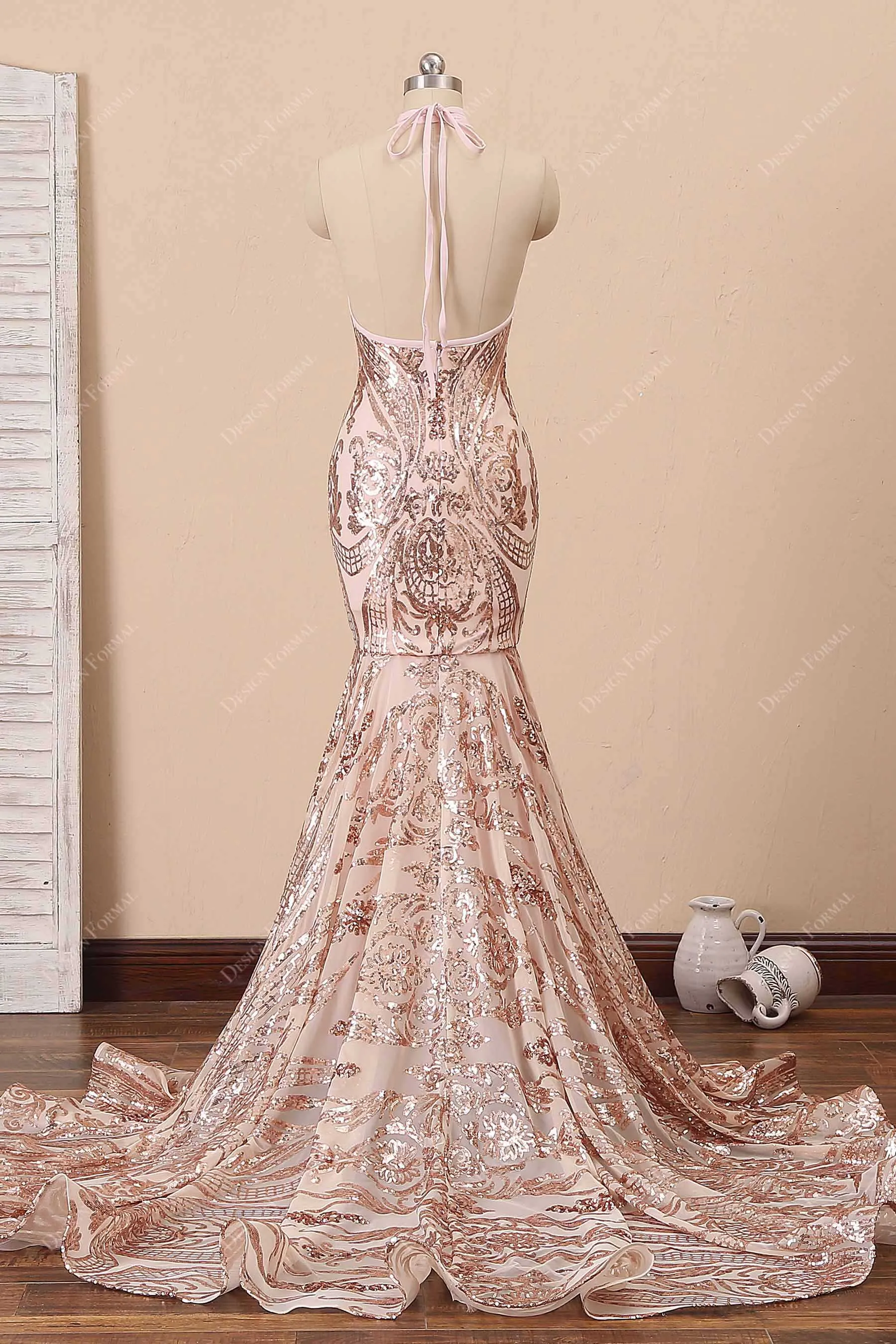 Rose Gold Sequin Halter Mermaid Unique Prom Dress