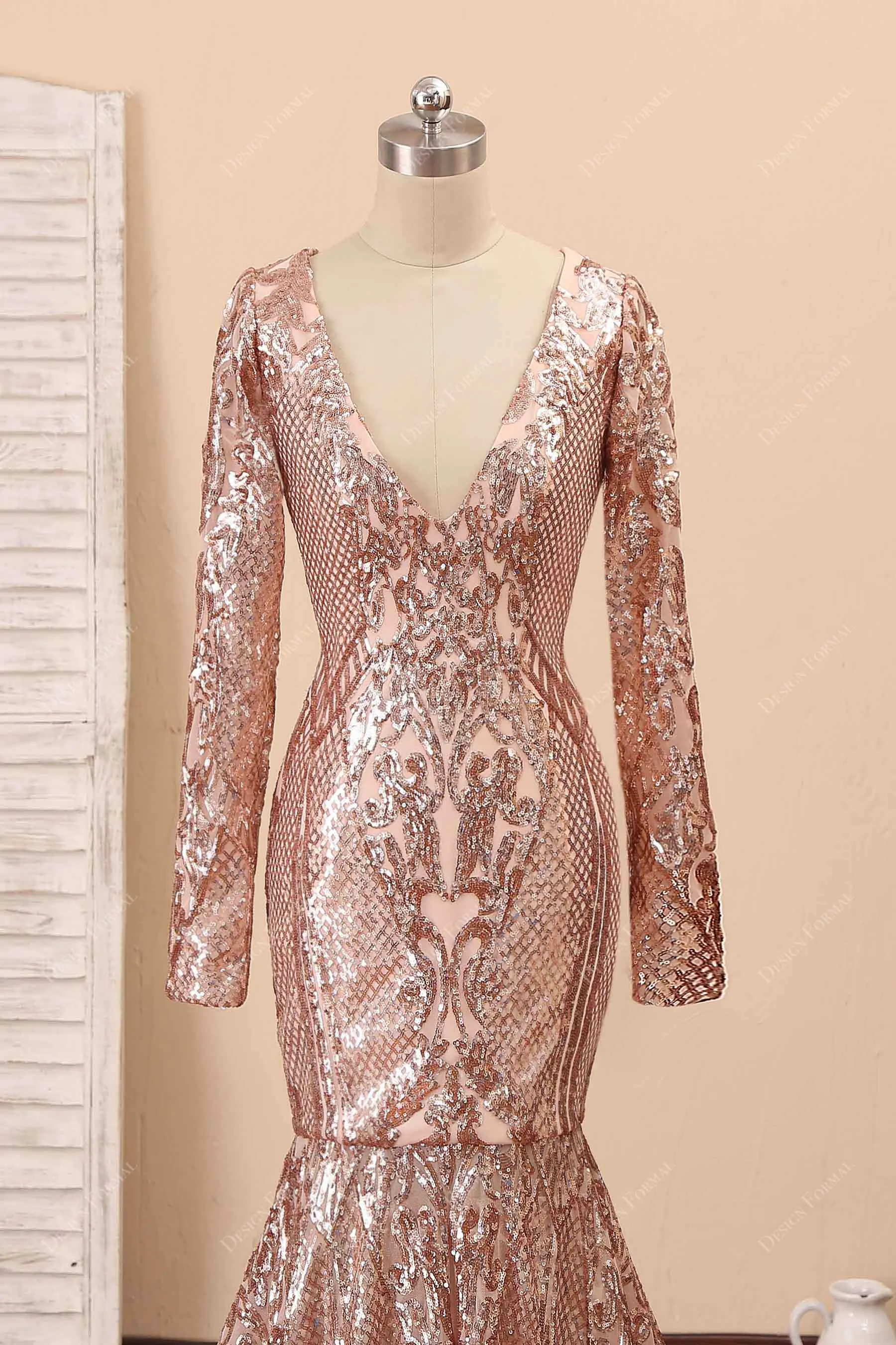 Rose Gold Unique Sequin Mermaid Prom Dress