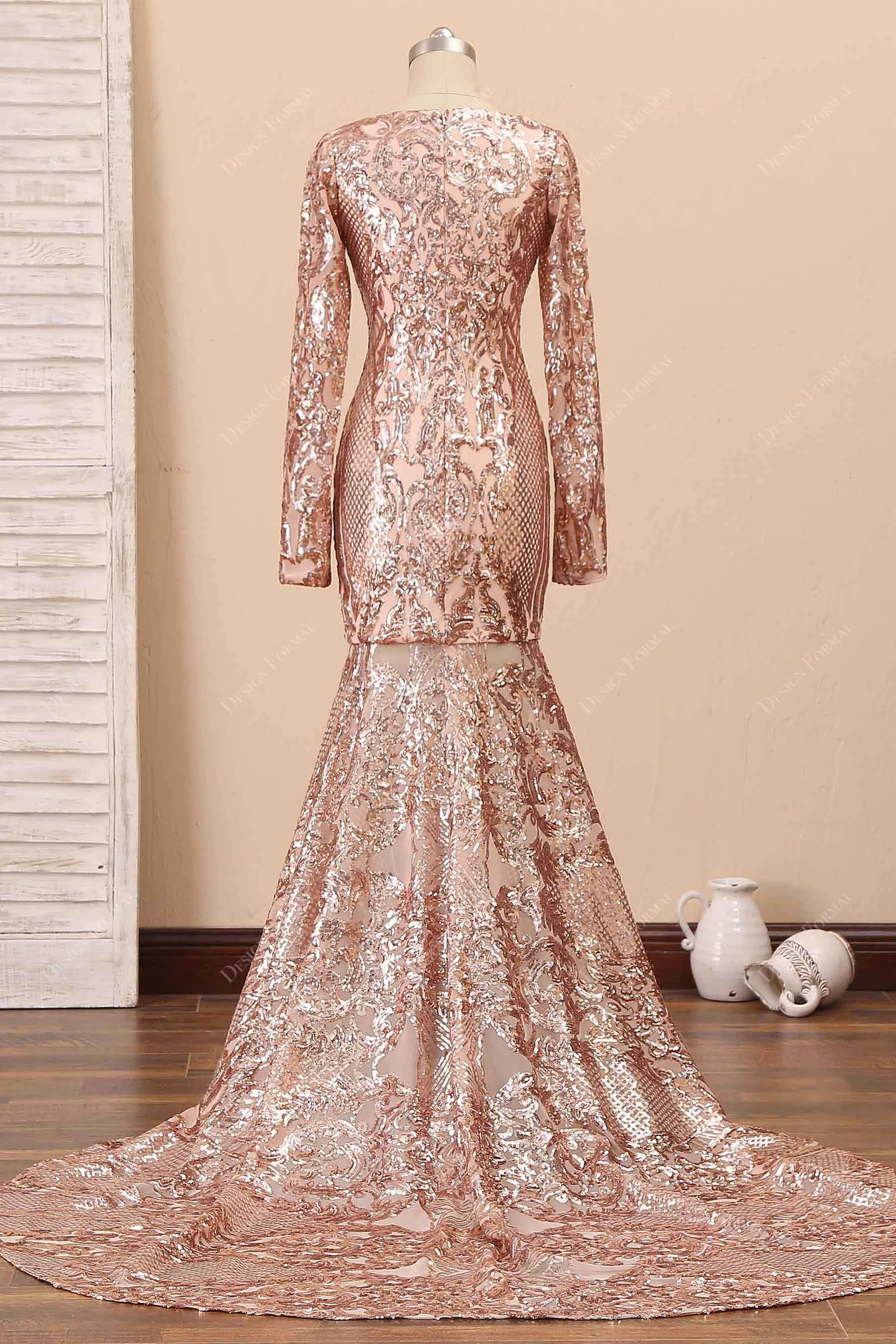 Rose Gold Unique Sequin Mermaid Prom Dress