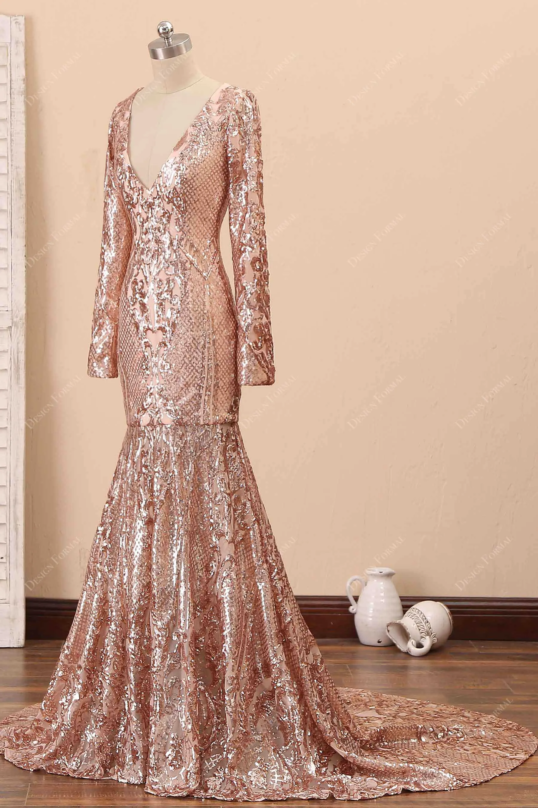 Rose Gold Unique Sequin Mermaid Prom Dress