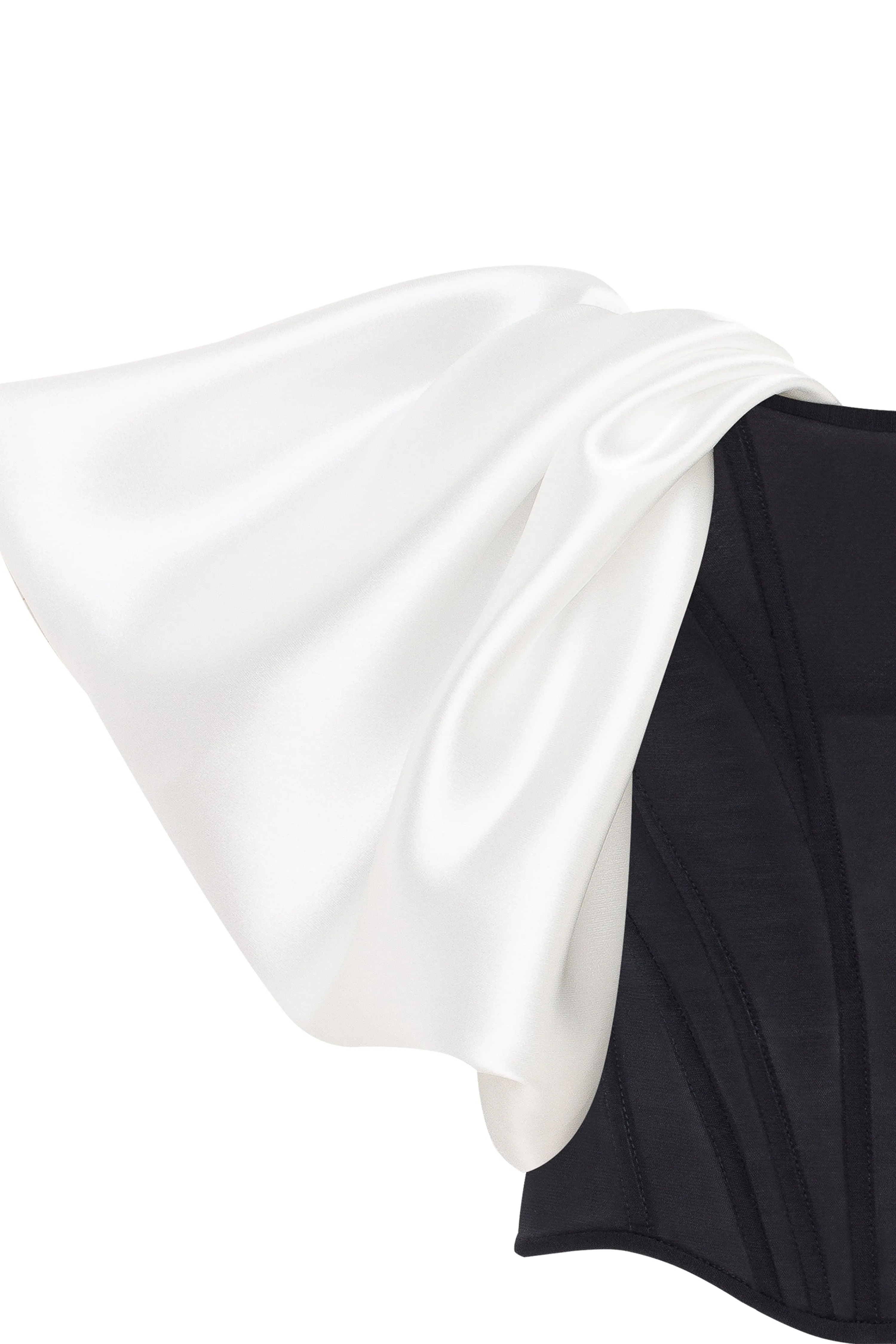 Sophisticated black fitted corset with white satin off-the-shoulder sleeves