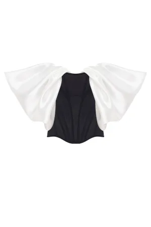 Sophisticated black fitted corset with white satin off-the-shoulder sleeves