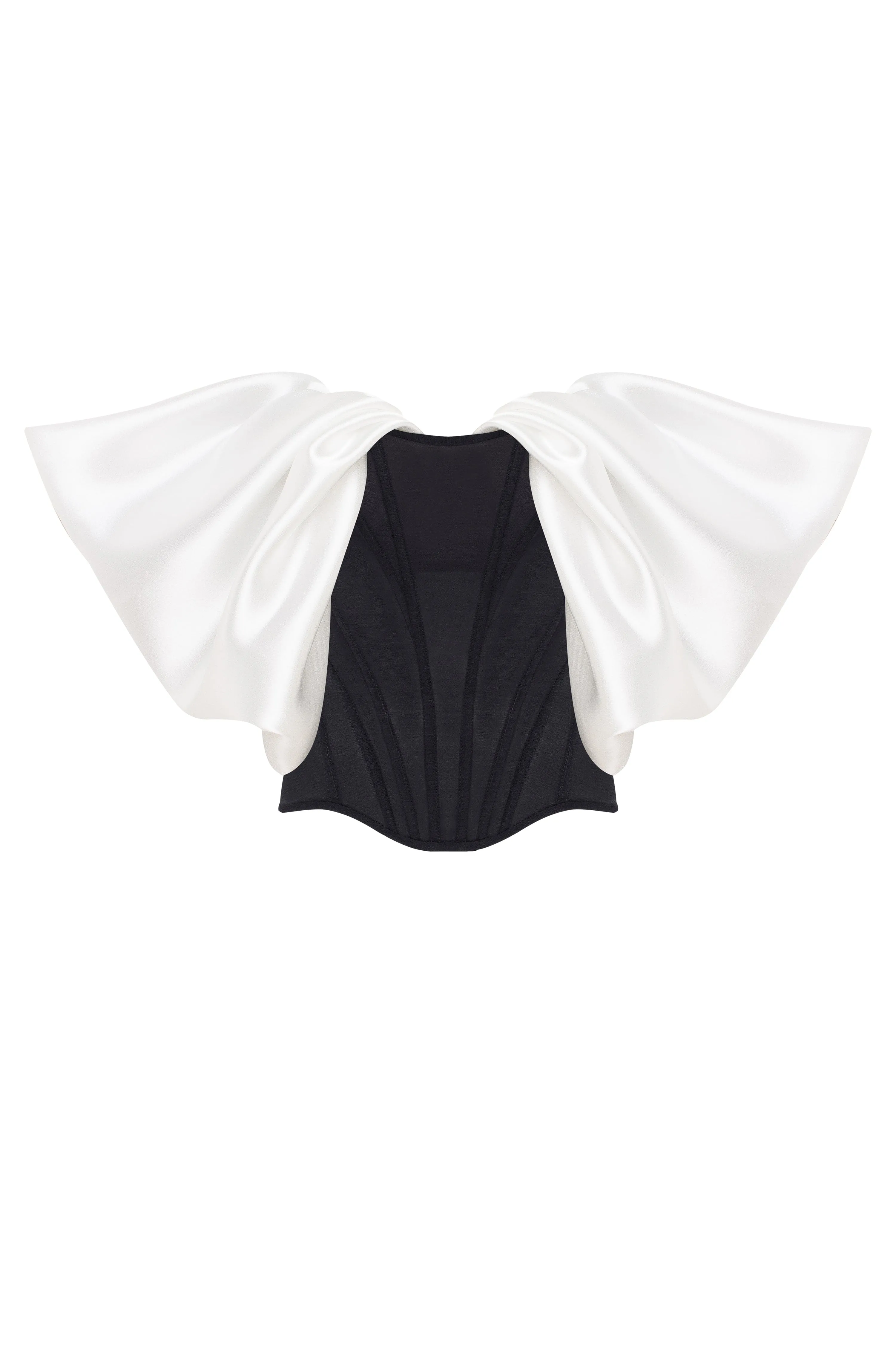 Sophisticated black fitted corset with white satin off-the-shoulder sleeves