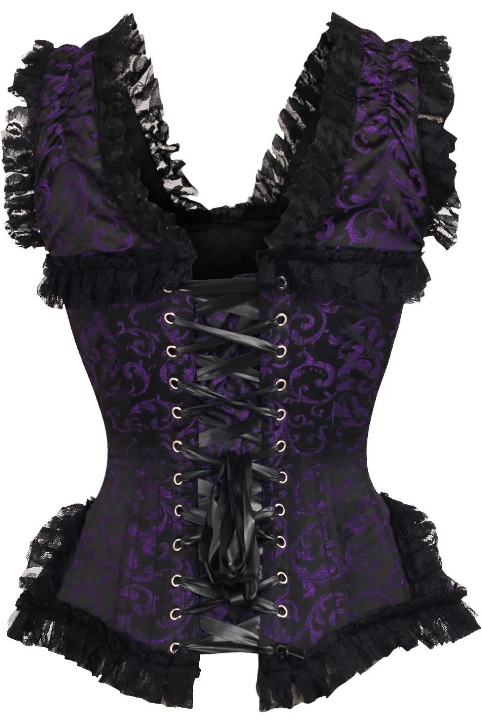 Stylish Purple and Black Swirl Brocade Corset with Lace Detail and Cap Sleeves