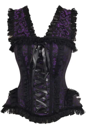 Stylish Purple and Black Swirl Brocade Corset with Lace Detail and Cap Sleeves