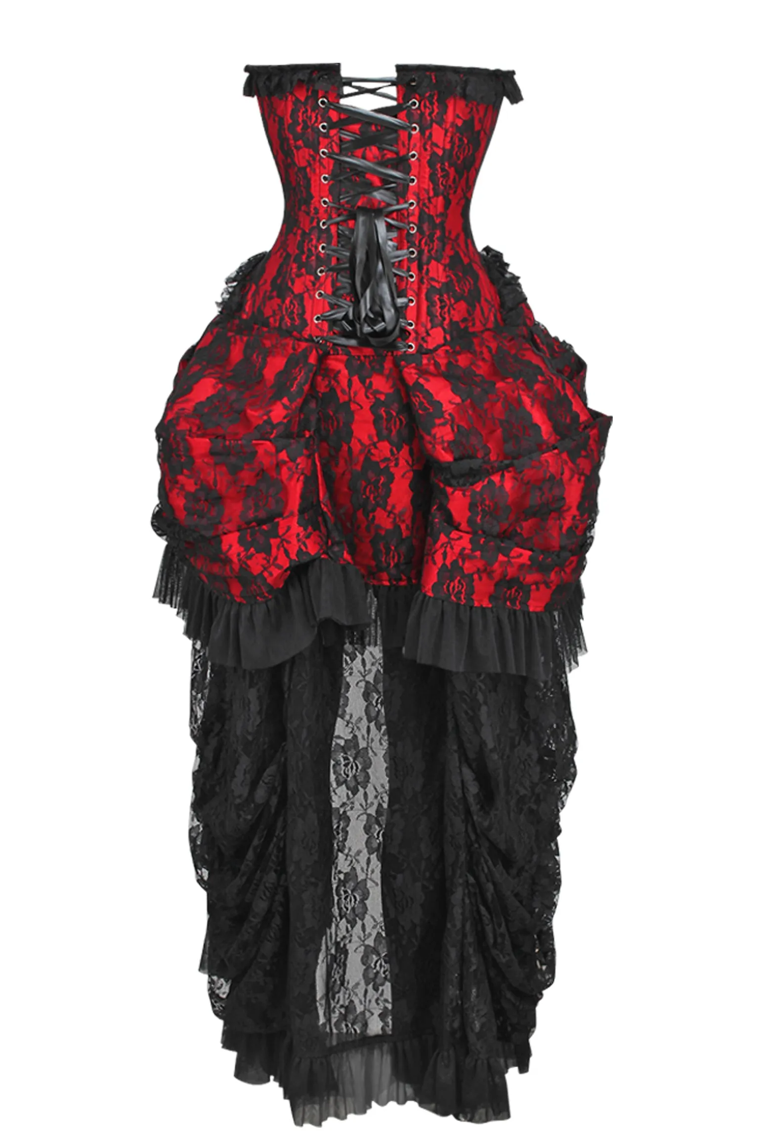 Top Drawer Steel Boned Red w/Black Lace Bustle Corset Dress