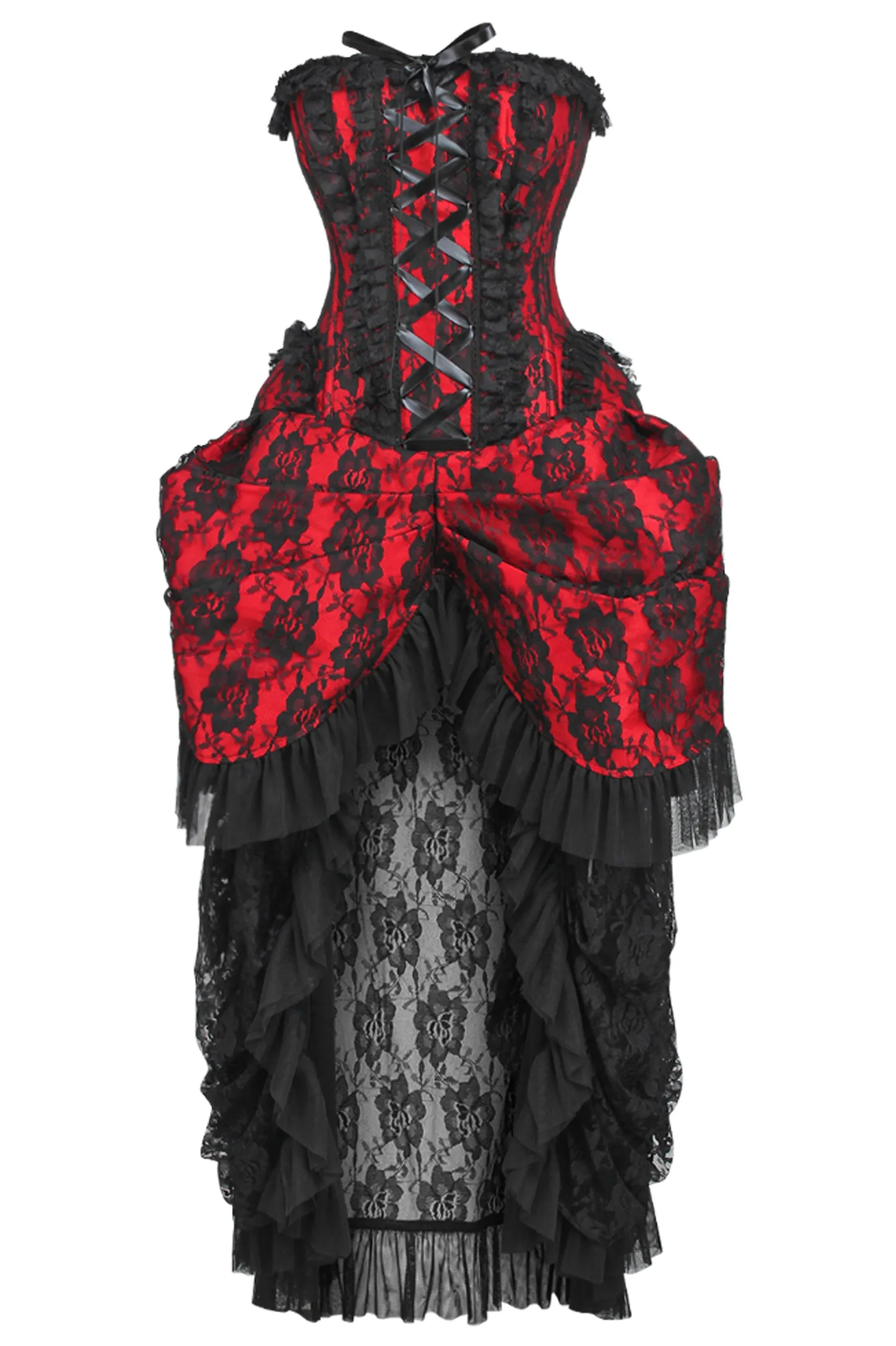 Top Drawer Steel Boned Red w/Black Lace Bustle Corset Dress