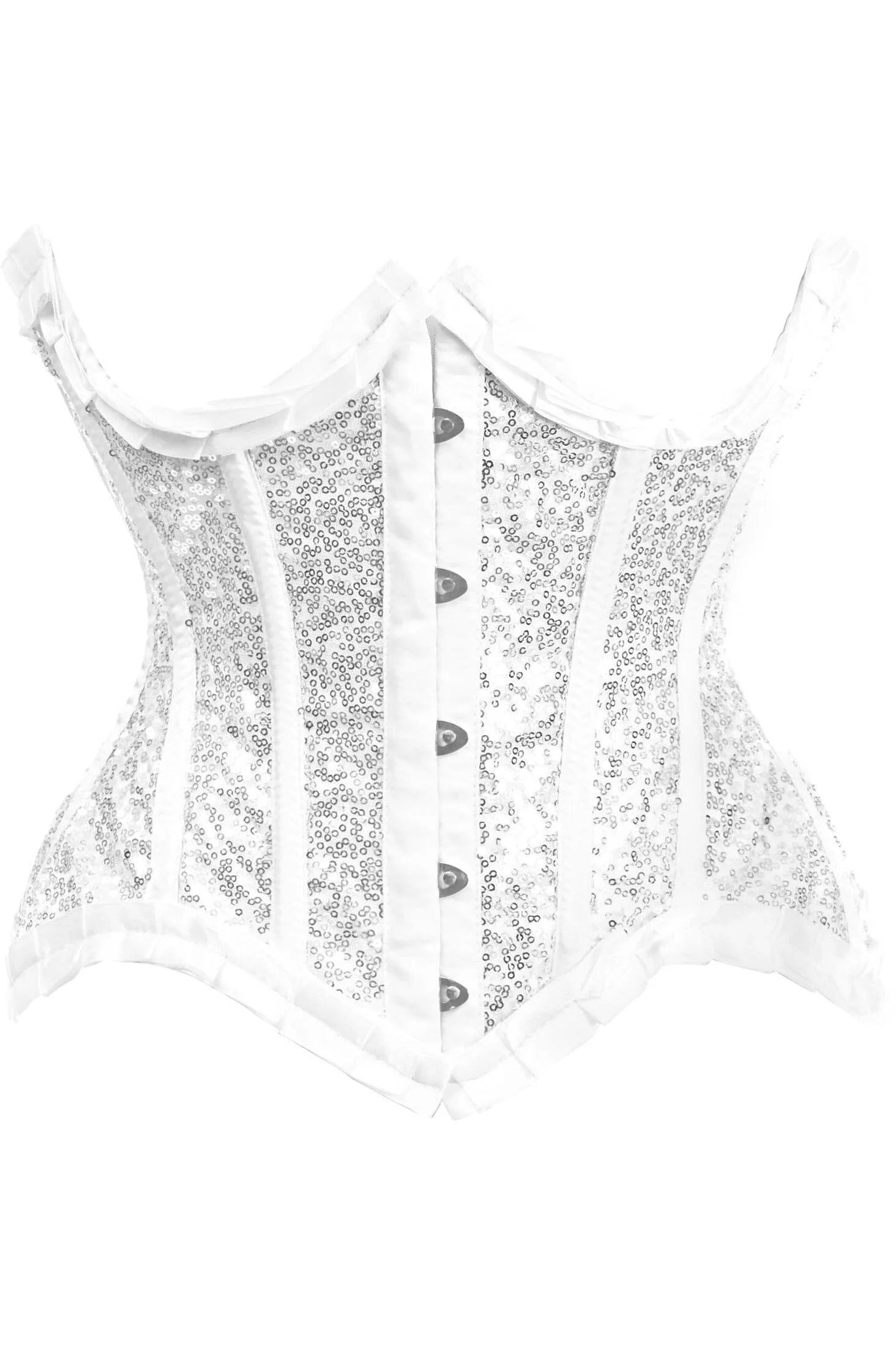 Top Drawer White/Silver Satin & Sequin Underwire Curvy Cut Steel Boned Waist Cincher Corset