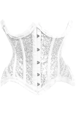 Top Drawer White/Silver Satin & Sequin Underwire Curvy Cut Steel Boned Waist Cincher Corset