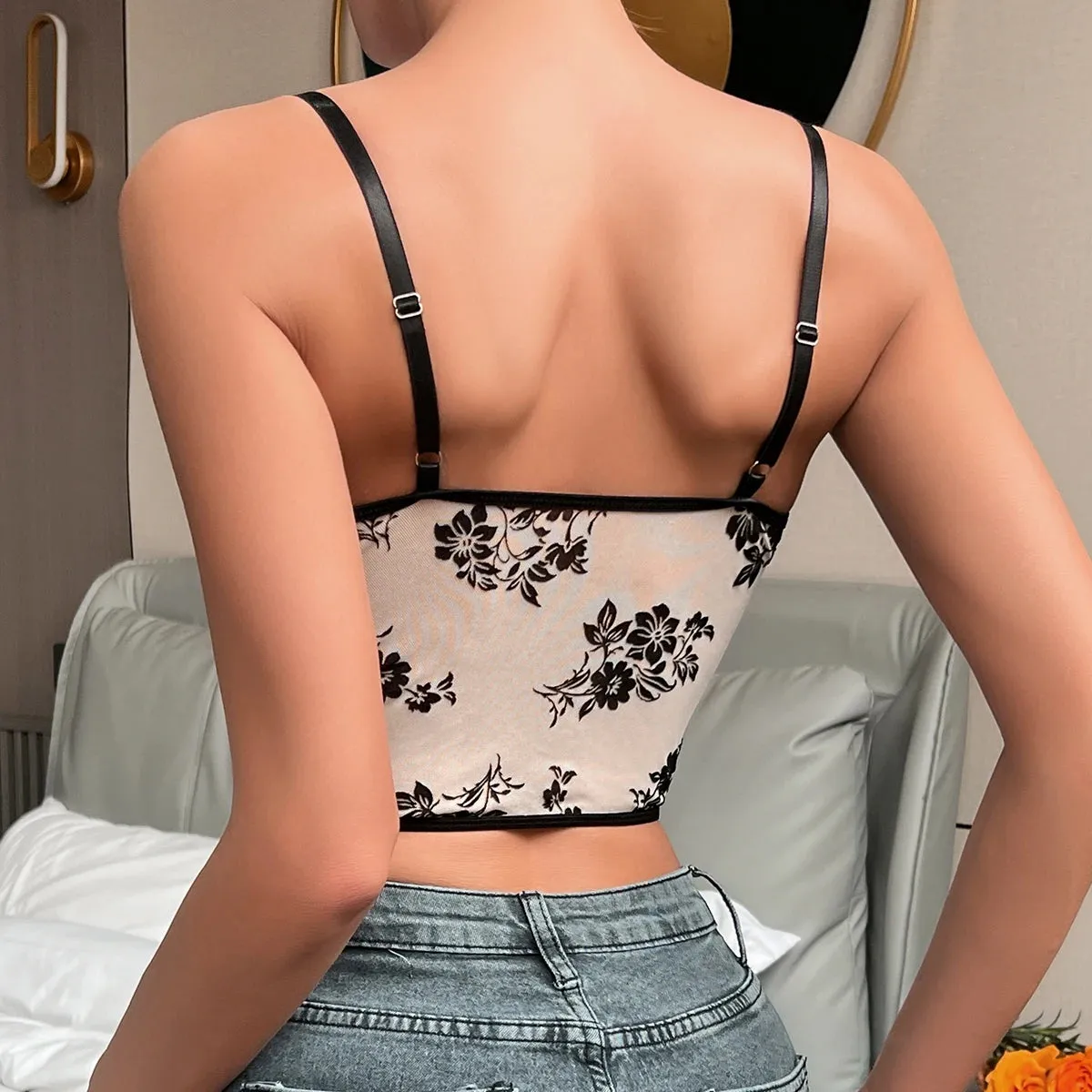 Trendy Beige And Black Embroidery Lace Halter Corset