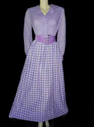 *VINTAGE PURPLE & WHITE CHECKED LACE-UP CORSET CUMMERBUND DRESS